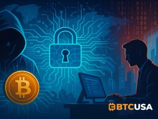 Futuristic illustration showing cybersecurity risks and hidden attackers inside a crypto company network