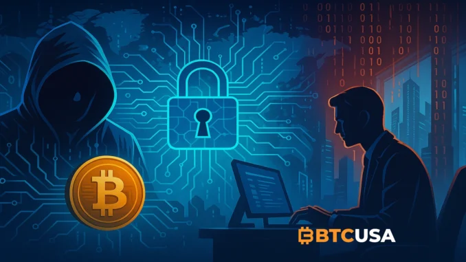 Futuristic illustration showing cybersecurity risks and hidden attackers inside a crypto company network