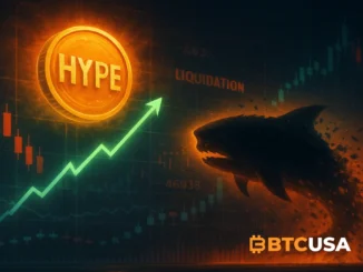 Cinematic illustration of a glowing HYPE token rising rapidly while a large whale silhouette dissolves into data fragments, with liquidations and charts in the background.