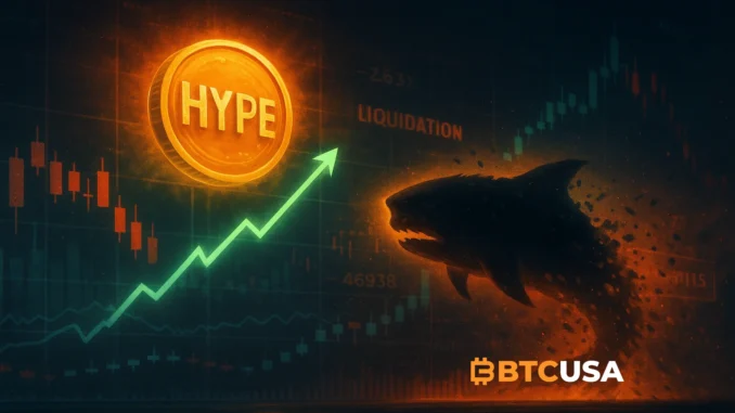Cinematic illustration of a glowing HYPE token rising rapidly while a large whale silhouette dissolves into data fragments, with liquidations and charts in the background.