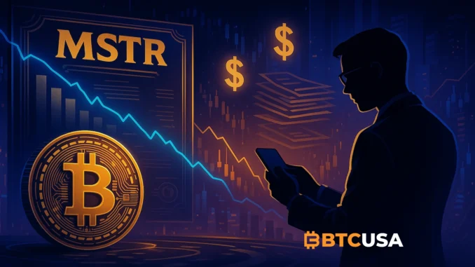 Futuristic illustration of stock sales and Bitcoin-linked corporate treasury dynamics