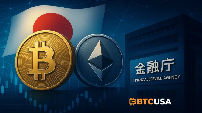 Japan redefines crypto as financial products Illustration showing Japan’s financial regulators shifting Bitcoin and Ethereum into a new financial product category