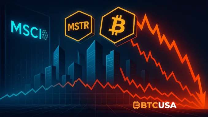 Futuristic illustration of market collapse driven by index reclassification fears and institutional selling
