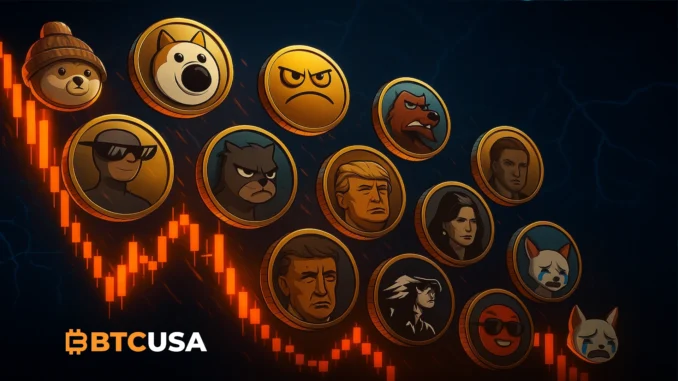 Digital illustration showing multiple meme coins dropping sharply in value, with falling market candles, volatility effects, and a dark crypto market backdrop.