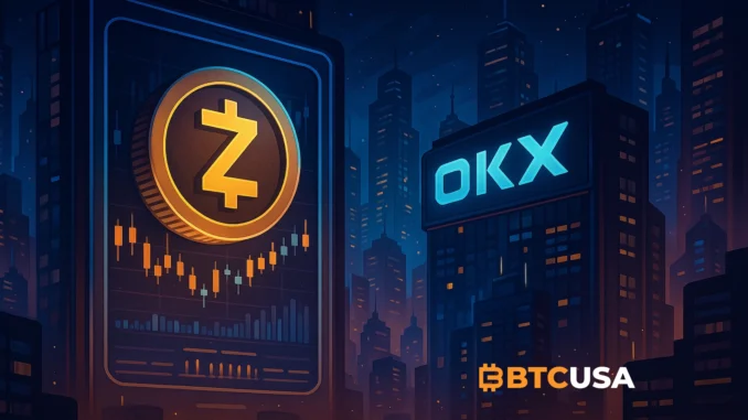 OKX Relists Zcash Futuristic illustration of a crypto exchange relisting a privacy-focused digital asset in a regulated environment