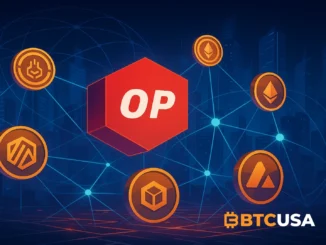 Futuristic illustration of interconnected blockchain networks representing Optimism’s shift toward large-scale institutional adoption