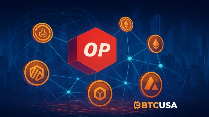 Futuristic illustration of interconnected blockchain networks representing Optimism’s shift toward large-scale institutional adoption