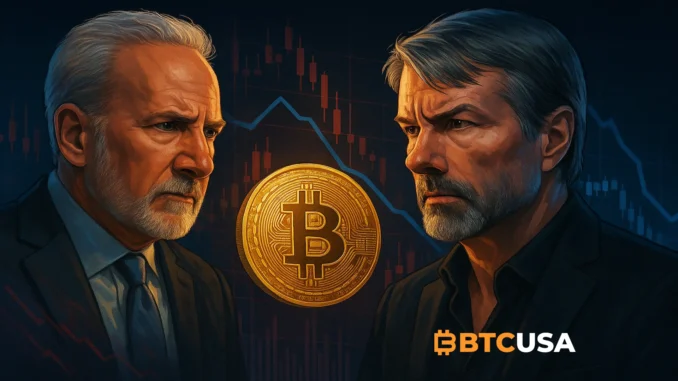 Peter Schiff challenges Michael Saylor over Strategy controversy Illustration of the growing conflict between Peter Schiff and Michael Saylor regarding Strategy’s business model