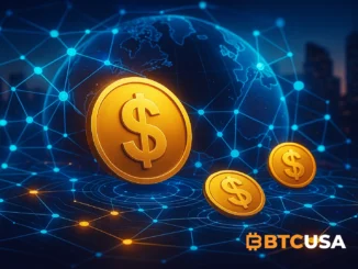 Cinematic illustration of digital stablecoins flowing through a futuristic global payment network built on blockchain.