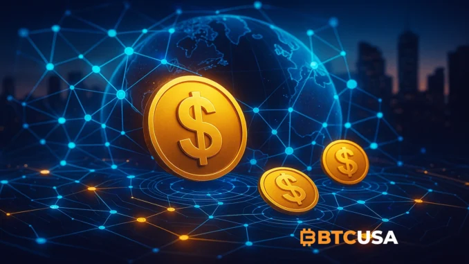 Cinematic illustration of digital stablecoins flowing through a futuristic global payment network built on blockchain.