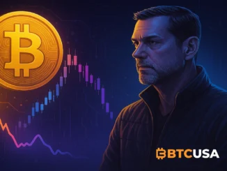 uturistic illustration showing Bitcoin moving through a cycle dip after a strong rally