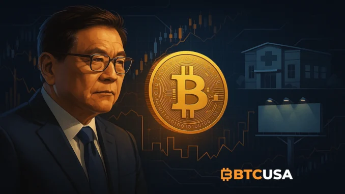 Robert Kiyosaki Bitcoin Exit Strategy Illustration showing Bitcoin profits being redirected into real-world assets like medical centers and billboards