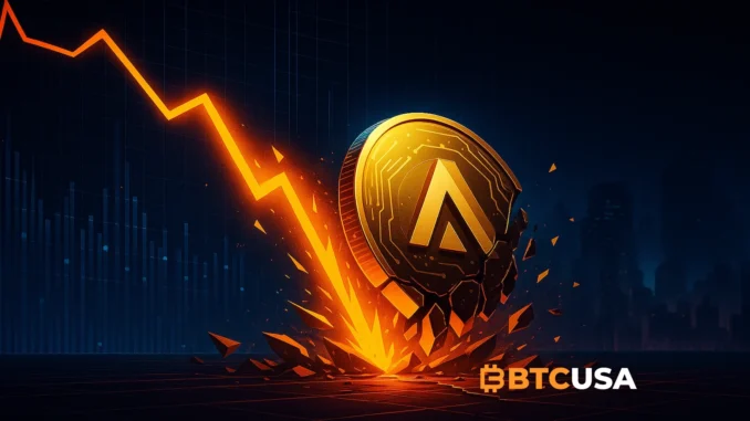Cinematic illustration of a collapsing digital token chart symbolizing a sudden market crash.