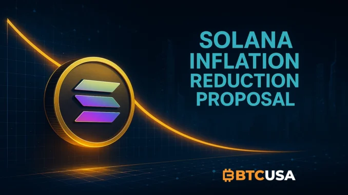 Futuristic visualization of Solana’s inflation curve declining faster toward its long-term target