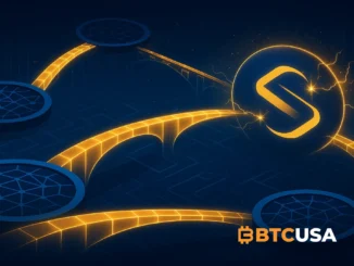 Futuristic illustration of Starknet connecting multiple blockchains through cross-chain bridges and protocols