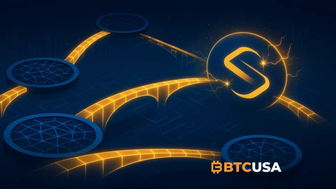 Futuristic illustration of Starknet connecting multiple blockchains through cross-chain bridges and protocols