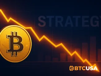 Visual representation of Bitcoin approaching Strategy’s average buy price with falling stock chart