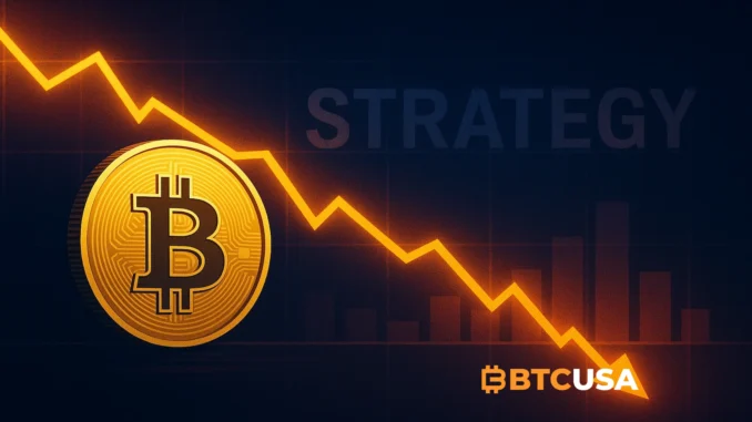 Visual representation of Bitcoin approaching Strategy’s average buy price with falling stock chart