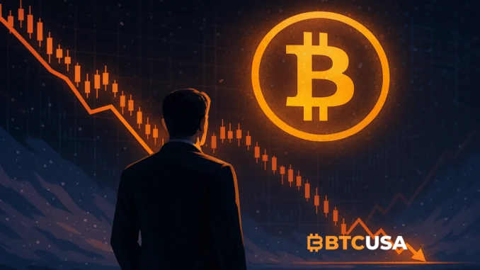 Illustration showing a falling Bitcoin market with an institutional investor accumulating BTC during the downturn
