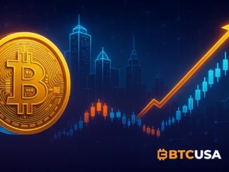 A futuristic digital illustration of Bitcoin featuring a large glowing gold coin in the foreground, set against a dark blue background with neon blue and orange trend lines forming a rising chart, symbolizing market analysis and cryptocurrency growth.