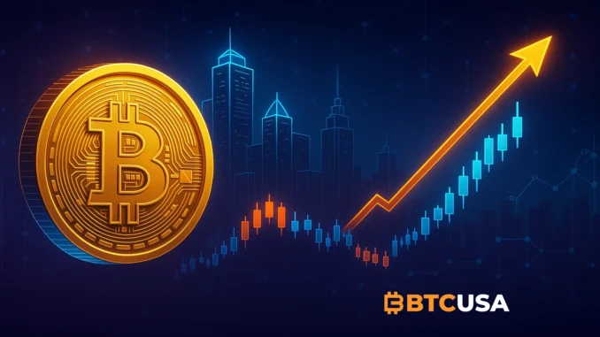 The Future of Bitcoin A futuristic digital illustration of Bitcoin featuring a large glowing gold coin in the foreground, set against a dark blue background with neon blue and orange trend lines forming a rising chart, symbolizing market analysis and cryptocurrency growth.
