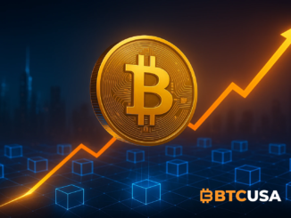 Futuristic digital rendering of Bitcoin rising above blockchain networks representing the post-halving future