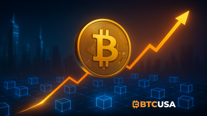 Futuristic digital rendering of Bitcoin rising above blockchain networks representing the post-halving future