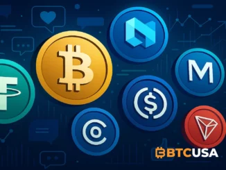 Digital illustration showing USDT, Bitcoin, NEXO, USDC, TRX and MON symbols surrounded by social media and data analytics elements.