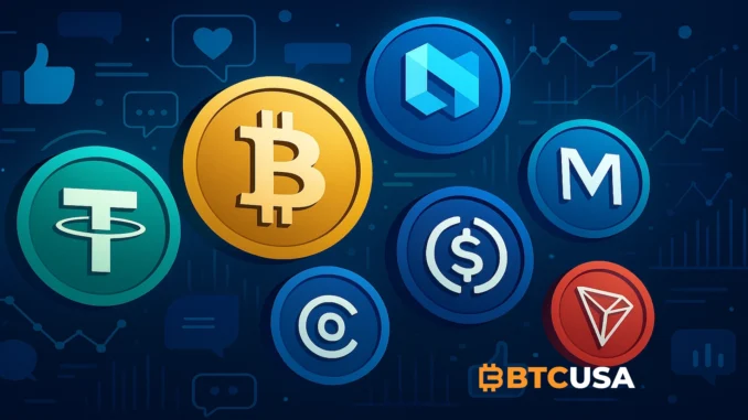 Digital illustration showing USDT, Bitcoin, NEXO, USDC, TRX and MON symbols surrounded by social media and data analytics elements.