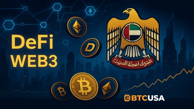 UAE_REGULATIONS_DEFI Futuristic illustration showing the UAE central bank asserting control over decentralized crypto and Web3 infrastructure