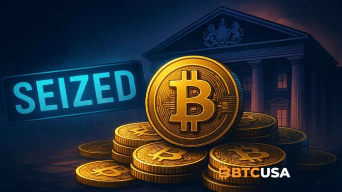 Digital illustration showing seized Bitcoin coins and a British courthouse symbolizing the $6.3B crypto fraud case