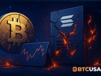 Dramatic digital illustration of a damaged crypto exchange server and disrupted blockchain network symbolizing the Upbit hack on Solana