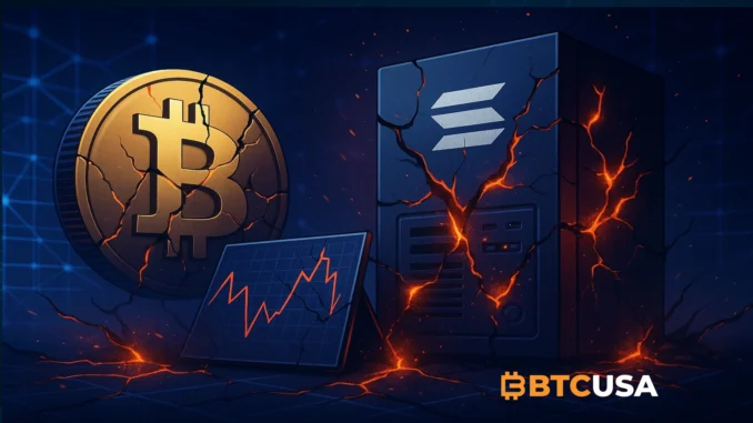 Upbit Hack on Solana Network Dramatic digital illustration of a damaged crypto exchange server and disrupted blockchain network symbolizing the Upbit hack on Solana