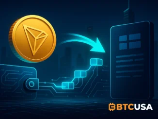 Futuristic illustration of a large TRX transfer moving from a corporate blockchain wallet to a crypto exchange