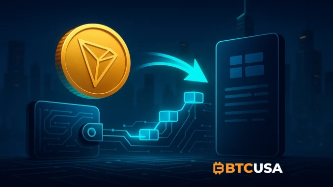 Futuristic illustration of a large TRX transfer moving from a corporate blockchain wallet to a crypto exchange