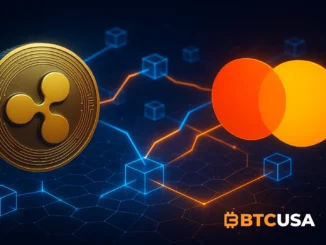 Futuristic digital illustration of Ripple and Mastercard partnership featuring XRP coin and blockchain payment network visuals