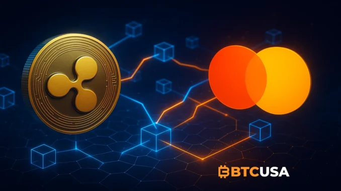 XRP_partnership_Mastercard Futuristic digital illustration of Ripple and Mastercard partnership featuring XRP coin and blockchain payment network visuals
