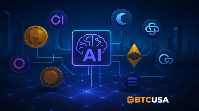 Futuristic digital visualization of blockchain networks and AI symbols representing leading crypto projects in AI and Big Data development