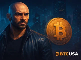 A cinematic digital illustration showing a Bitcoin symbol under surveillance spotlights with a shadowed figure representing concerns about privacy and regulatory pressure in the crypto space.