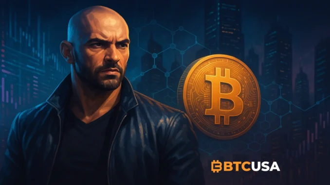 A cinematic digital illustration showing a Bitcoin symbol under surveillance spotlights with a shadowed figure representing concerns about privacy and regulatory pressure in the crypto space.