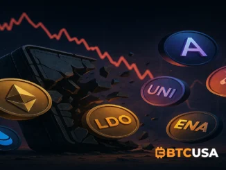 A digital illustration showing a crypto portfolio breaking apart with tokens like ETH, AAVE, UNI, and LDO falling against a dark, bearish market backdrop, symbolizing Arthur Hayes’ large-scale sell-off.