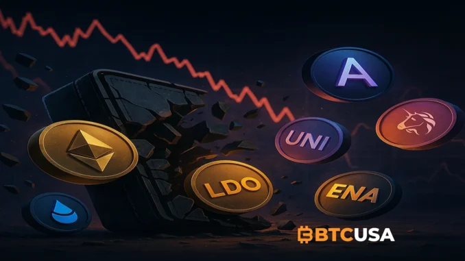 A digital illustration showing a crypto portfolio breaking apart with tokens like ETH, AAVE, UNI, and LDO falling against a dark, bearish market backdrop, symbolizing Arthur Hayes’ large-scale sell-off.