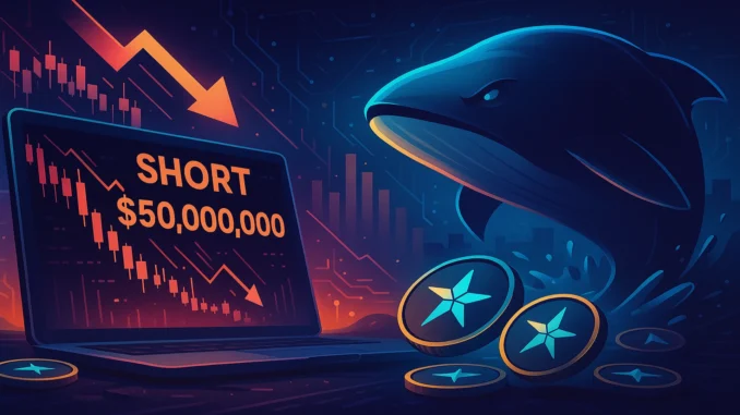 Futuristic digital illustration showing a massive short trade on Aster with falling charts and glowing tokens, symbolizing market correction and volatility