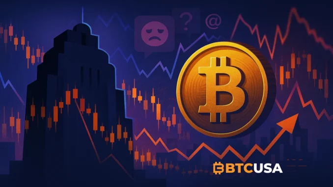 Digital illustration showing a crypto exchange silhouette with volatile charts symbolizing market manipulation rumors