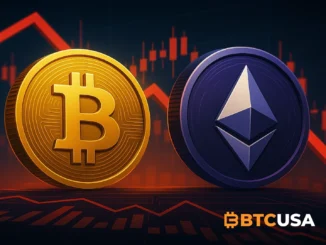 Digital illustration showing Bitcoin and Ethereum coins with red financial charts representing large ETF outflows