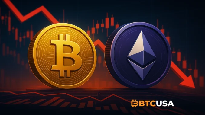 Digital illustration showing Bitcoin and Ethereum coins with red financial charts representing large ETF outflows