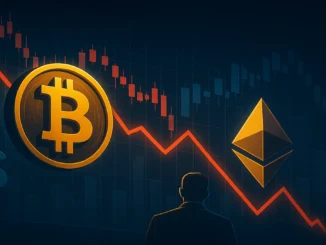 Digital illustration of Bitcoin and Ethereum coins with a red financial chart showing declining ETF inflows