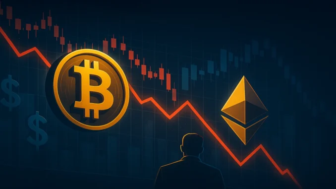 bitcoin_ethereum_etf_outflows Digital illustration of Bitcoin and Ethereum coins with a red financial chart showing declining ETF inflows