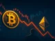Digital illustration of Bitcoin and Ethereum coins with a red financial chart showing declining ETF inflows