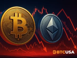 Digital illustration showing Bitcoin and Ethereum coins above red liquidation charts symbolizing high leverage risk